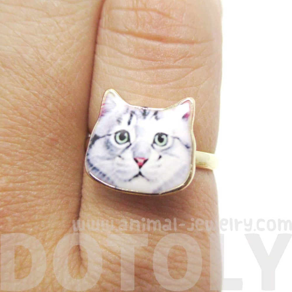 Adorable Grey Tabby Kitty Cat Face Shaped Adjustable Ring | Animal Jewelry | DOTOLY