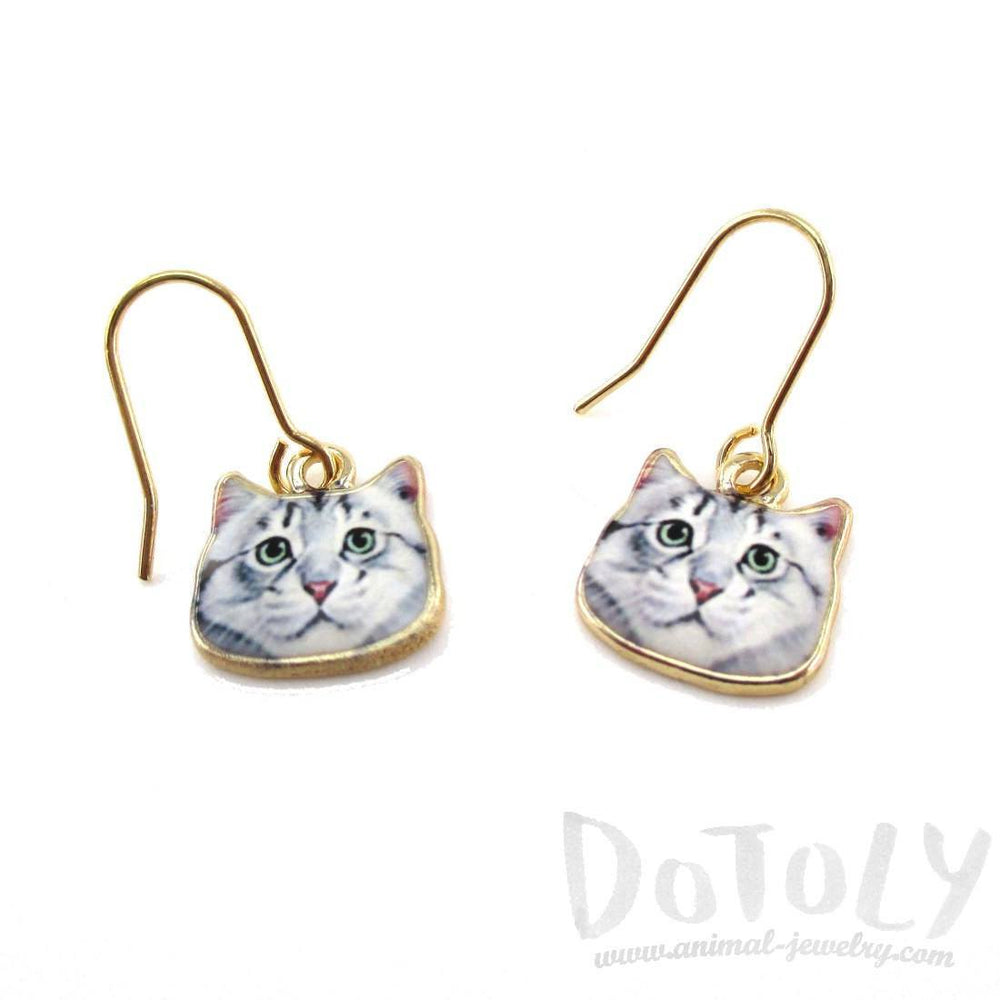 Adorable Grey Tabby Kitty Cat Face Shaped Dangle Drop Earrings | Animal Jewelry | DOTOLY