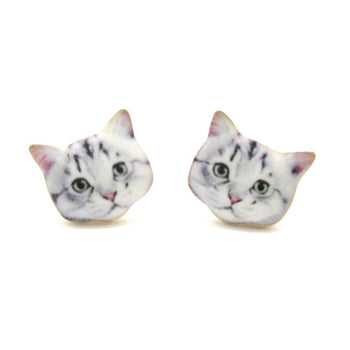 Adorable Grey Tabby Kitty Cat Face Shaped Stud Earrings | Animal Jewelry | DOTOLY