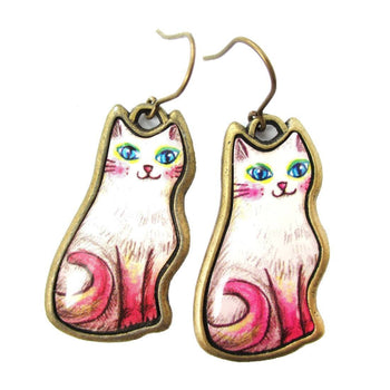 Adorable Illustrated Kitty Cat Animal Dangle Earrings in White with Pink Tail | DOTOLY | DOTOLY