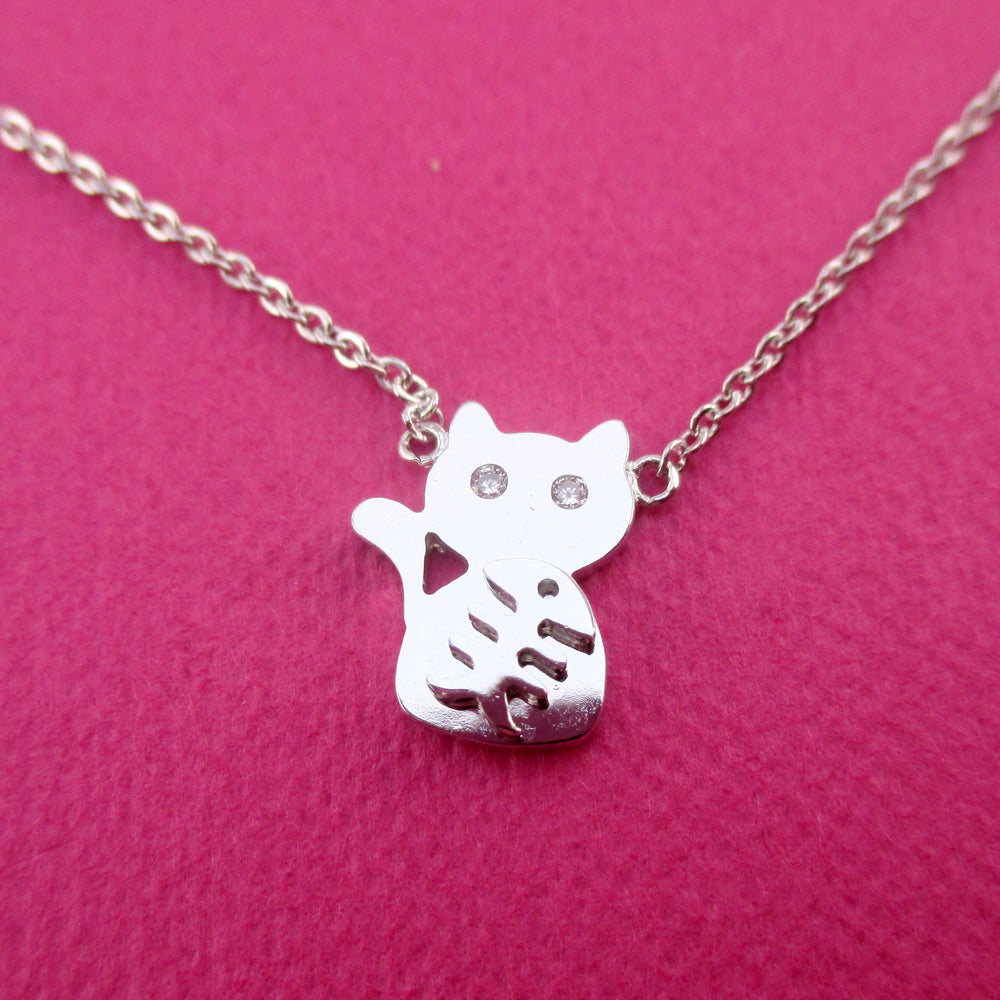 Adorable Kitty Cat and Fishbone Silhouette Shaped Choker Necklace
