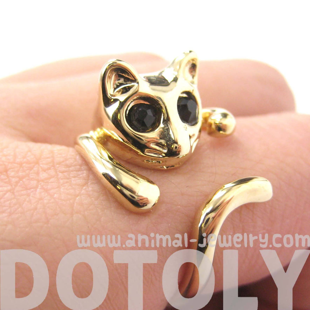 Adorable Kitty Cat Shaped Animal Wrap Ring in Shiny Gold | US Sizes 7 to 9 | DOTOLY