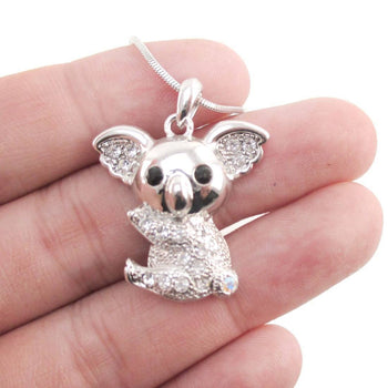 Adorable Koala Bear Shaped Pendant Necklace in Silver with Rhinestones
