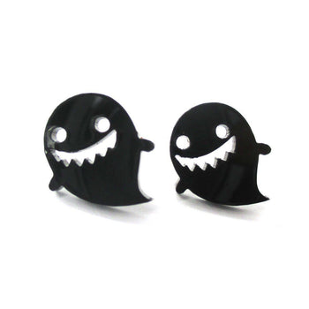 Adorable Laser Cut Acrylic Ghost Shaped Statement Stud Earrings in Black | DOTOLY