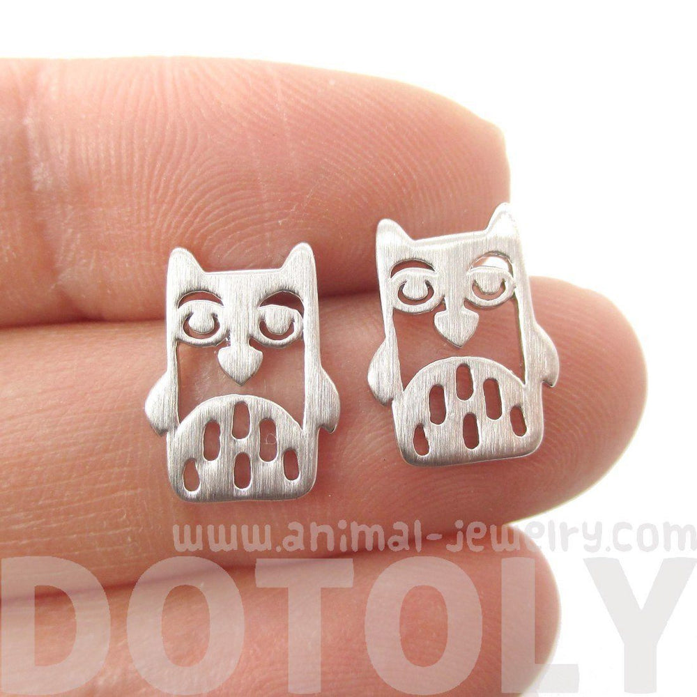 Adorable Owl Bird Face Shaped Stud Earrings in Silver | Animal Jewelry | DOTOLY