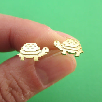 Adorable Pixel Turtle Tortoise Shaped Stud Earrings in Gold | DOTOLY