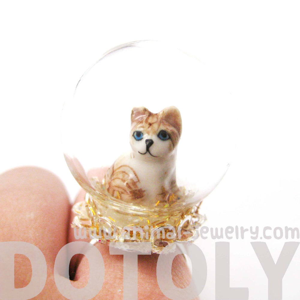 Adorable Porcelain Striped Kitty Cat Glass Snow Globe Bubble Adjustable Ring | Animal Jewelry | DOTOLY