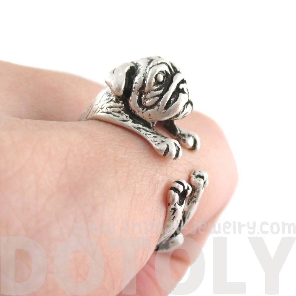 Adorable Pug Puppy Dog Shaped Animal Wrap Around Ring in Silver | Sizes 6 to 9 | DOTOLY