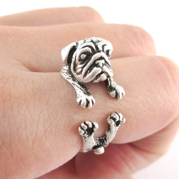 Adorable Pug Puppy Dog Shaped Animal Wrap Around Ring in Silver | Sizes 6 to 9 | DOTOLY