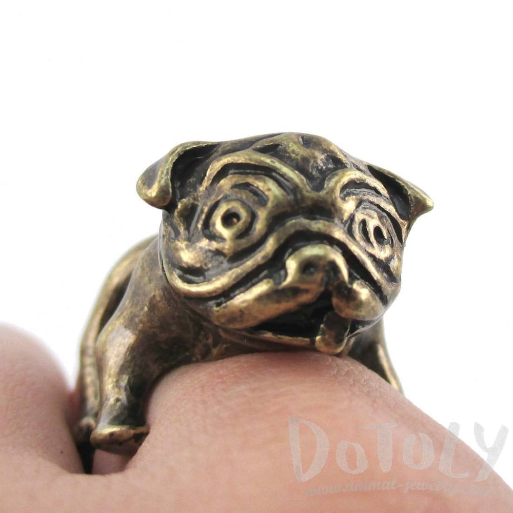 Adorable Pug Shaped Bulldog Puppy Dog Adjustable Animal Ring in Brass | DOTOLY