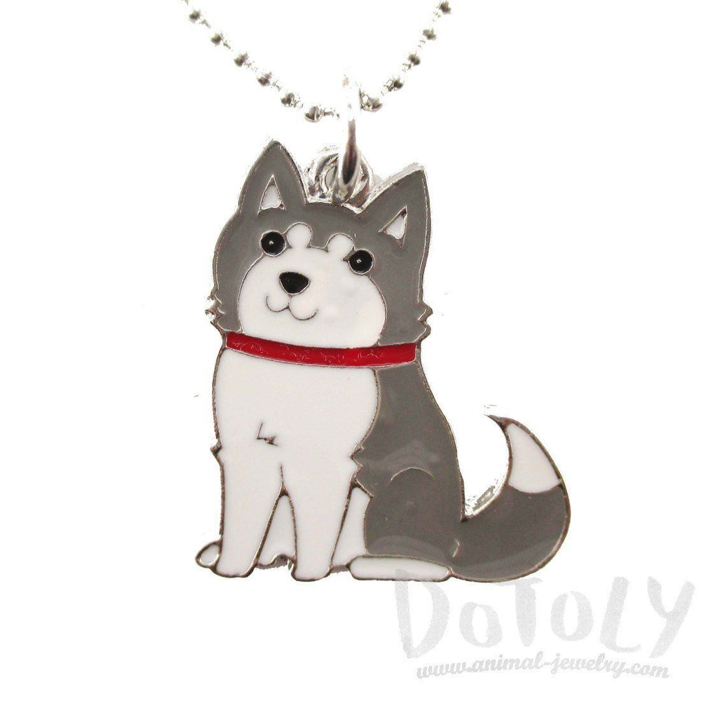 Adorable Puppy Dog Shaped Animal Pendant Necklace in Grey and White | DOTOLY