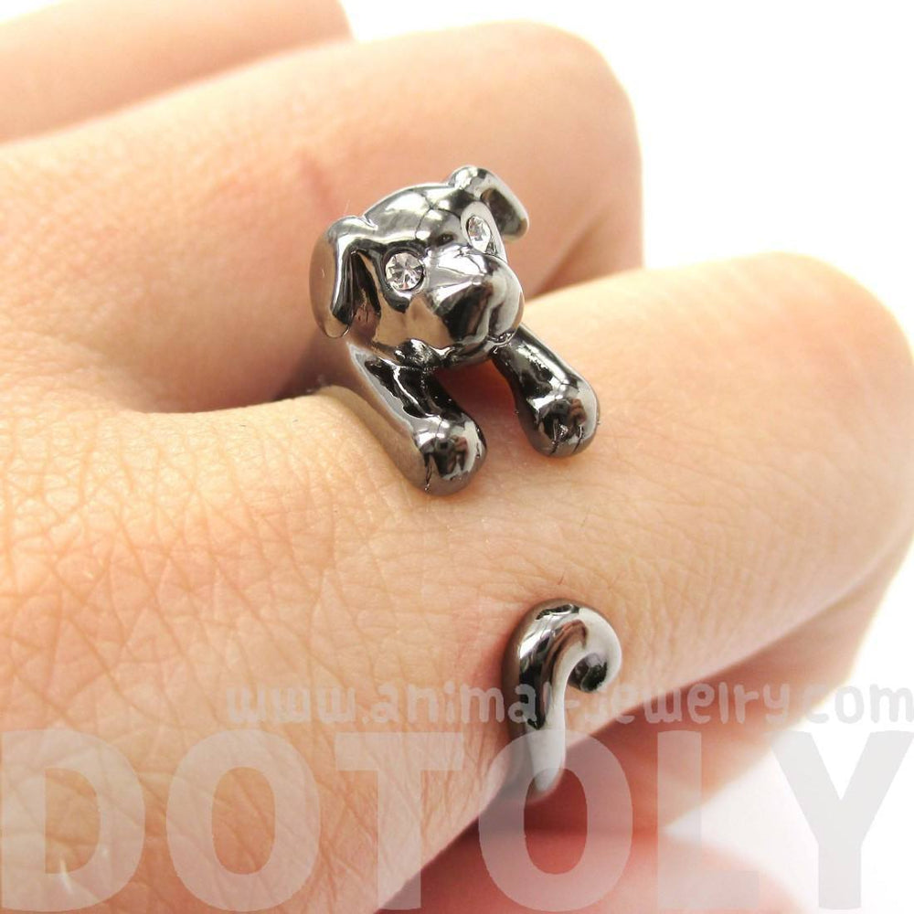 Adorable Puppy Dog Shaped Animal Wrap Around Ring in Gunmetal Silver | US Sizes 4 to 9 | DOTOLY