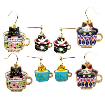 Adorable Teacup Kitty Cats in a Cup Catpuccino Dangle Stud Earrings