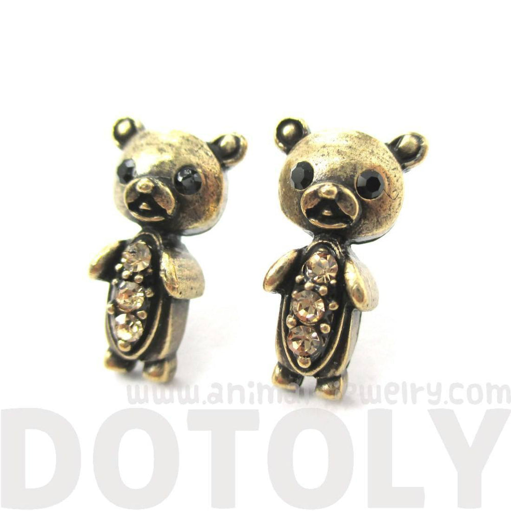 Adorable Teddy Bear Shaped Stud Earrings in Brass with Rhinestones | Animal Jewelry | DOTOLY