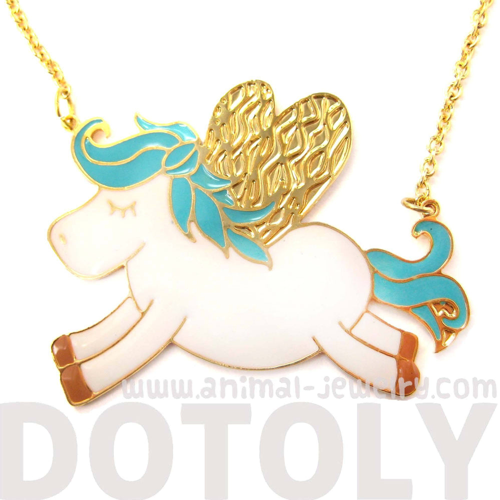 Adorable Pegasus Horse Animal Pendant Necklace in Turquoise on Gold | Limited Edition | DOTOLY