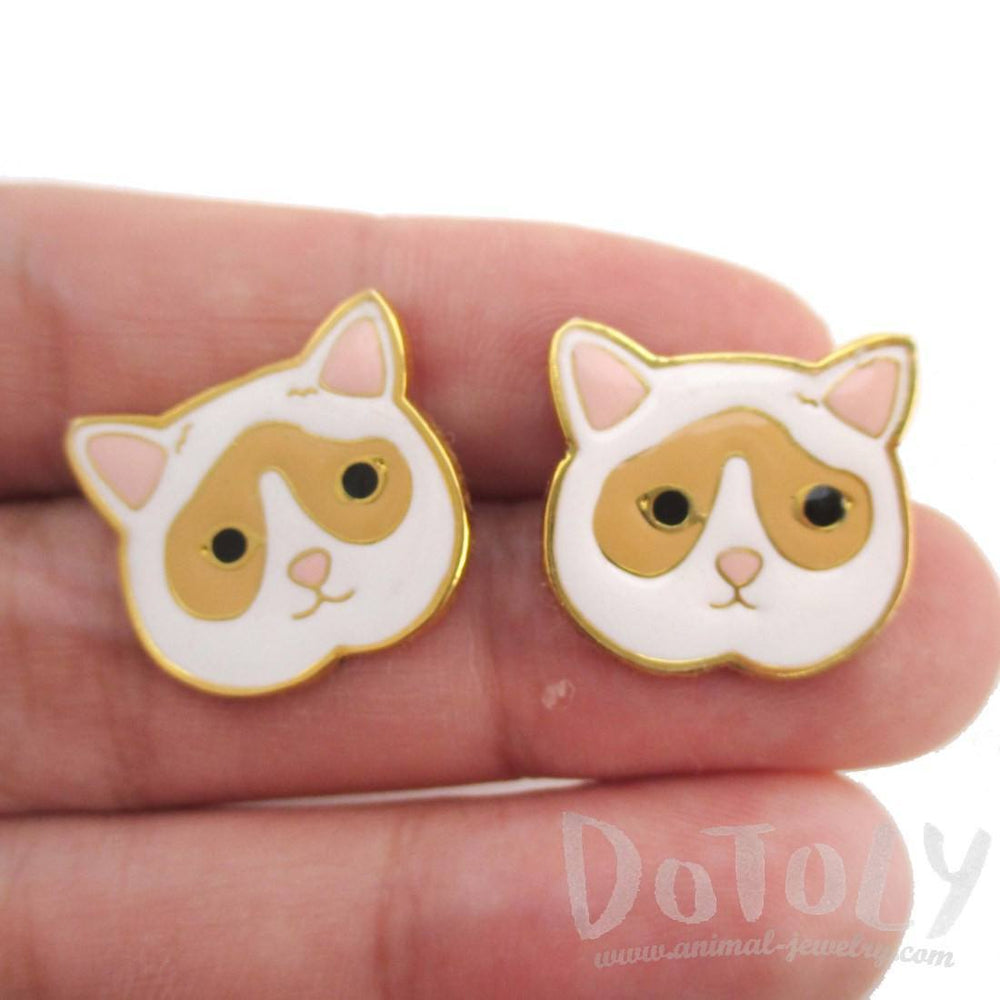 Adorable White and Tan Kitty Cat Face Shaped Stud Earrings | Limited Edition | DOTOLY