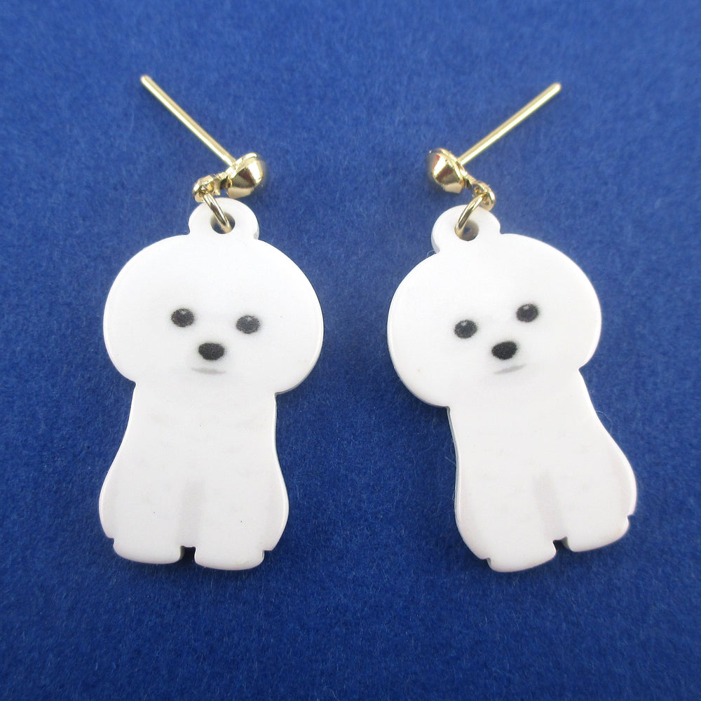 Adorable White Maltese Bichon Frise Puppy Shaped Stud Drop Earrings