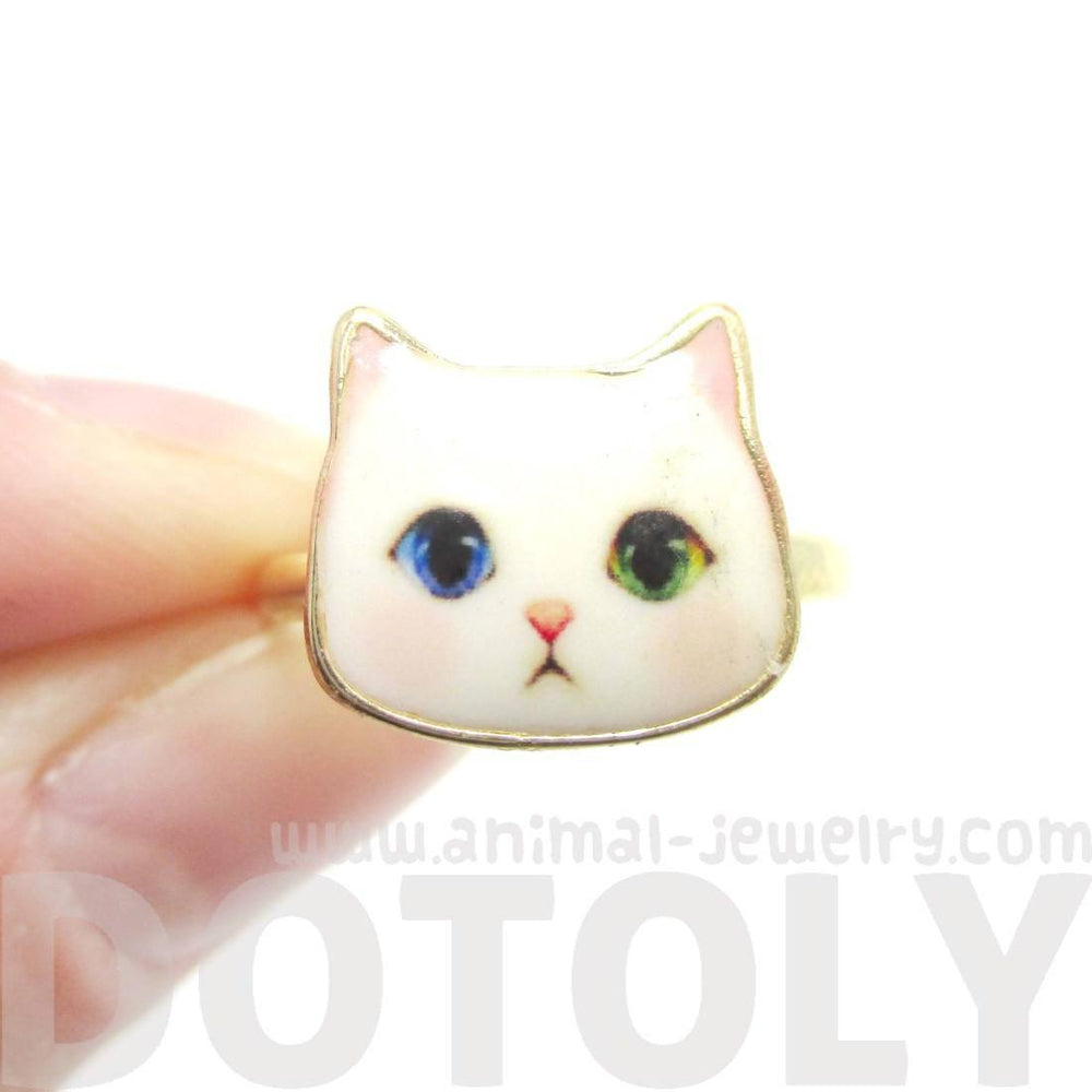 Adorable White Odd-eyed Kitty Cat Face Shaped Adjustable Ring | Animal Jewelry | DOTOLY