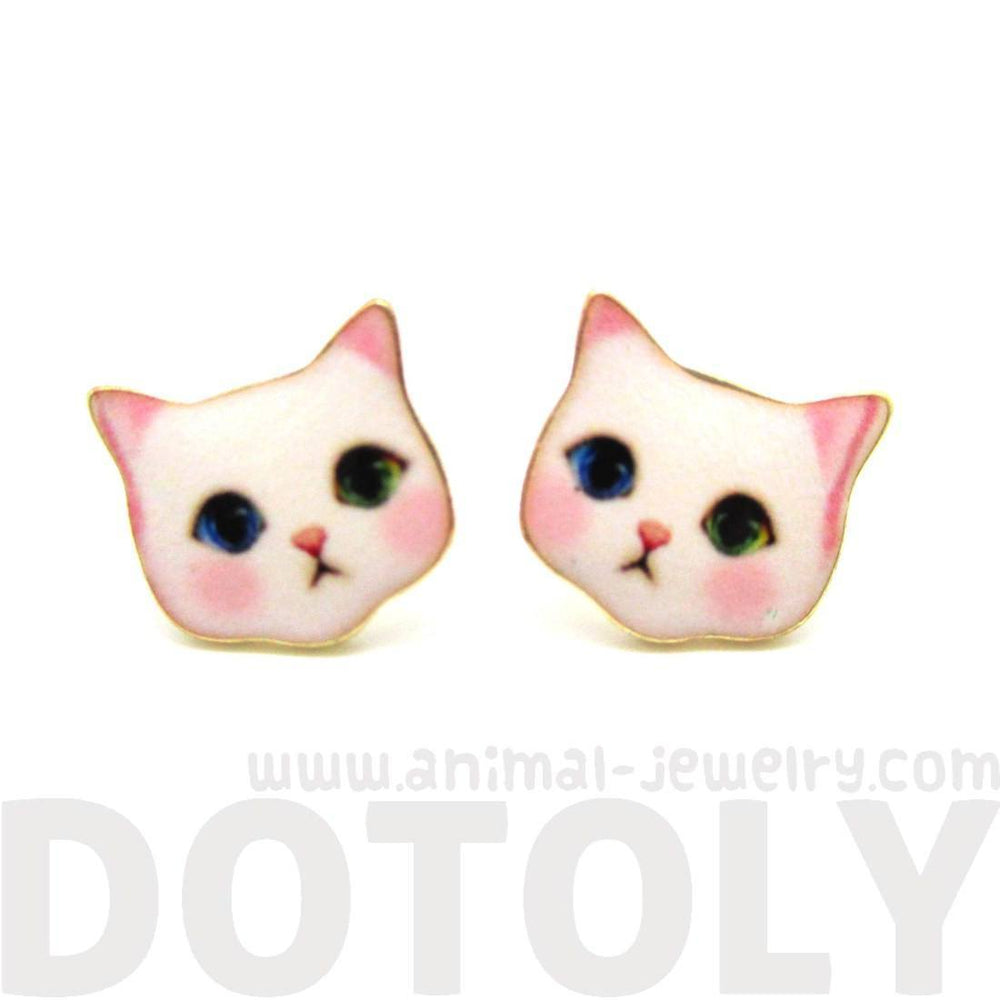 Adorable White Odd-eyed Kitty Cat Face Shaped Stud Earrings | Animal Jewelry | DOTOLY
