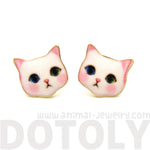 Adorable White Odd-eyed Kitty Cat Face Shaped Stud Earrings | Animal Jewelry | DOTOLY