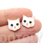 Adorable White Odd-eyed Kitty Cat Face Shaped Stud Earrings | Animal Jewelry | DOTOLY