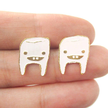 Adorable Wisdom Tooth Smiley Face Shaped Stud Earrings in White on Gold | Limited Edition | DOTOLY