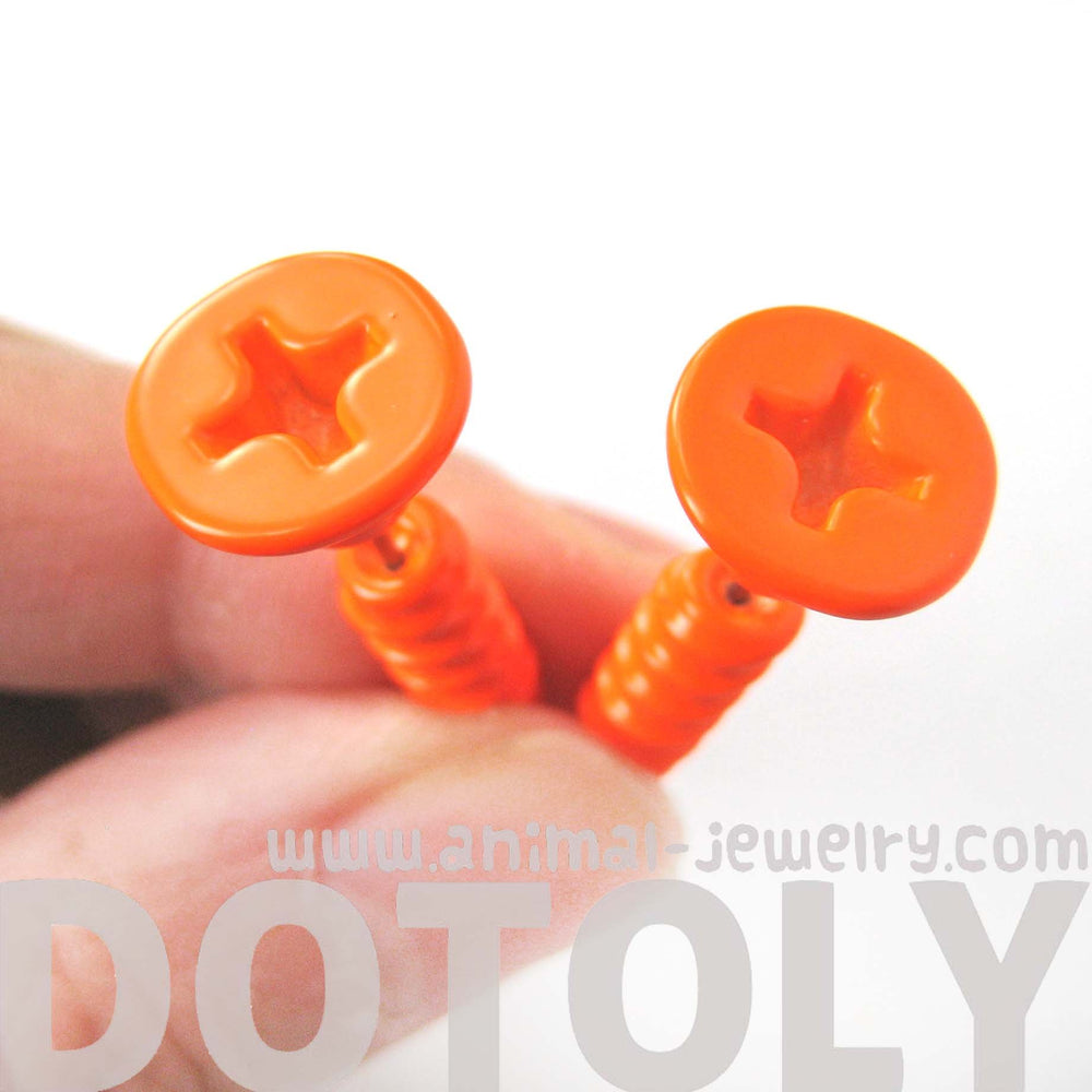 Fake Gauge Earrings: Realistic Screw Shaped Faux Plug Stud Earrings in Bright Orange | DOTOLY