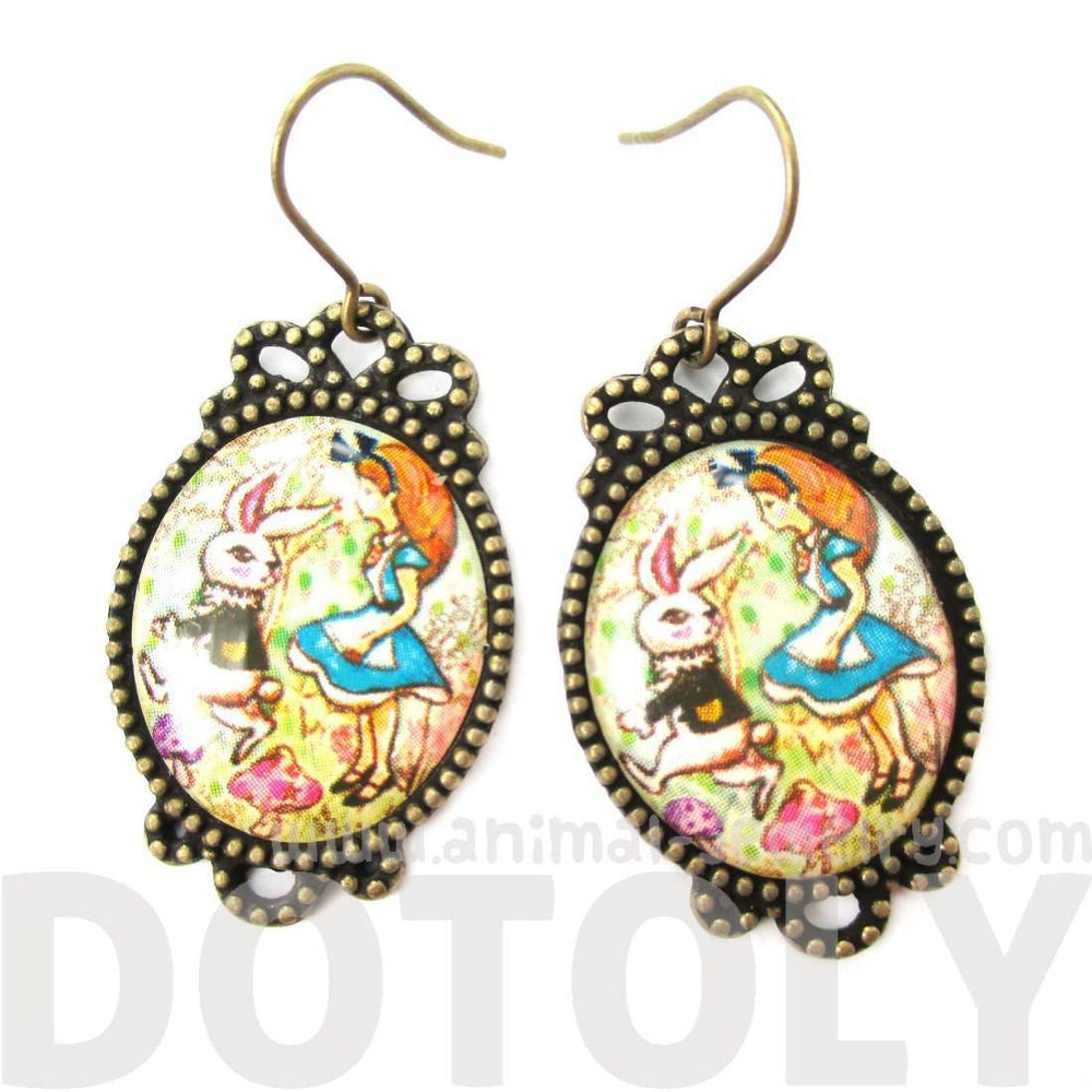 Alice in Wonderland Themed Bunny Rabbit Whimsical Illustrated Dangle Earrings | DOTOLY