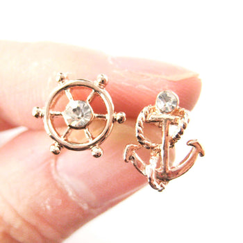 Nautical Themed Anchor and Wheel Shaped Stud Earrings in Rose Gold | DOTOLY