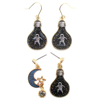 Astronaut in A Light Bulb Crescent Moon Space Themed Stud Earrings