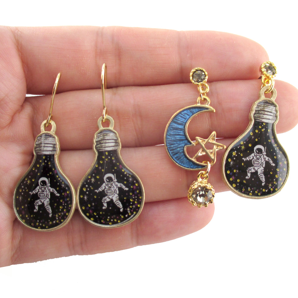 Astronaut in A Light Bulb Crescent Moon Space Themed Stud Earrings | DOTOLY
