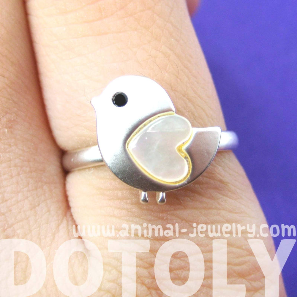 Baby Chicken Bird Animal Adjustable Ring in Silver with Heart Shaped Wings | DOTOLY