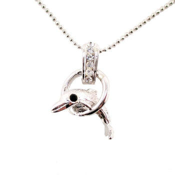 Baby Dolphin Jumping Through a Hoop Shaped Pendant Necklace in Silver