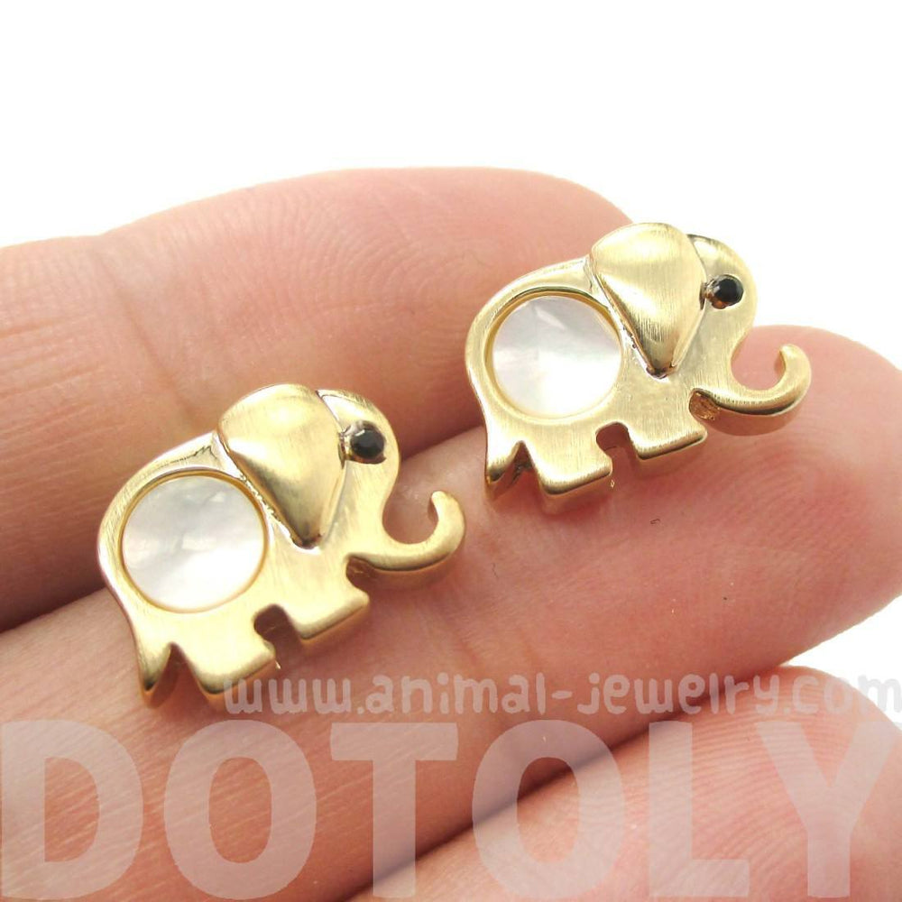Baby Elephant Animal Shaped Stud Earrings in Gold with Pearl Detail | DOTOLY
