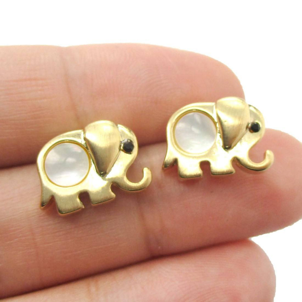 Baby Elephant Animal Shaped Stud Earrings in Gold with Pearl Detail | DOTOLY