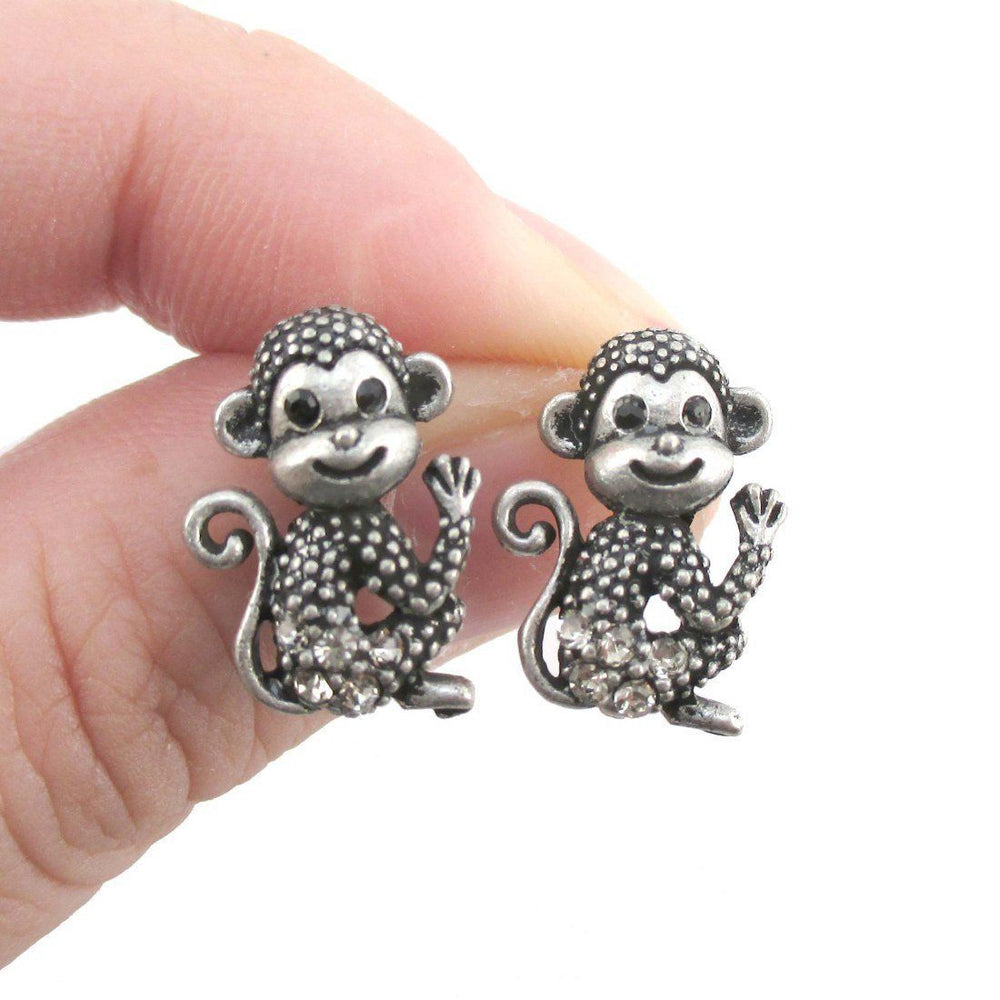 Baby Monkey Chimpanzee Shaped Rhinestone Stud Earrings in Silver | DOTOLY | DOTOLY