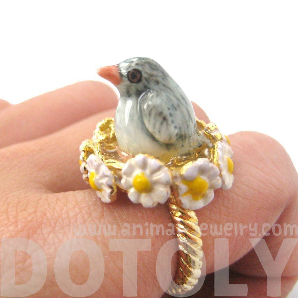 Baby Penguin Bird Shaped Ceramic Porcelain Animal Ring with Daisy Textured Border | Limited Edition | DOTOLY