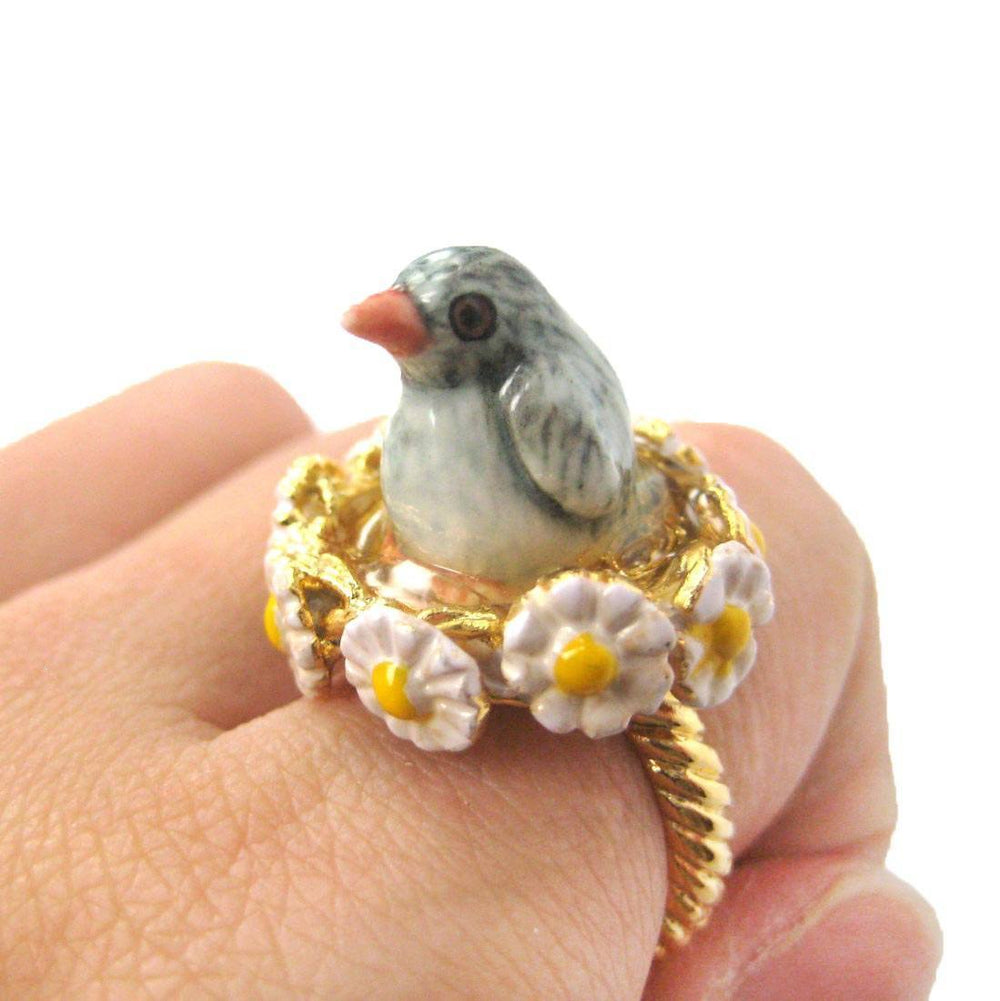 Baby Penguin Bird Shaped Ceramic Porcelain Animal Ring with Daisy Textured Border | Limited Edition | DOTOLY