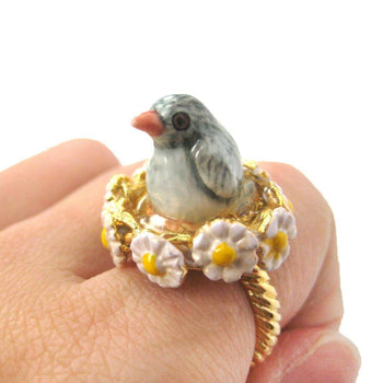 Baby Penguin Bird Shaped Ceramic Porcelain Animal Ring with Daisy Textured Border | Limited Edition | DOTOLY