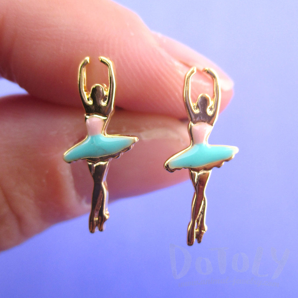 Ballerina Ballet Dancer Girl Silhouette Shaped Stud Earrings in Gold