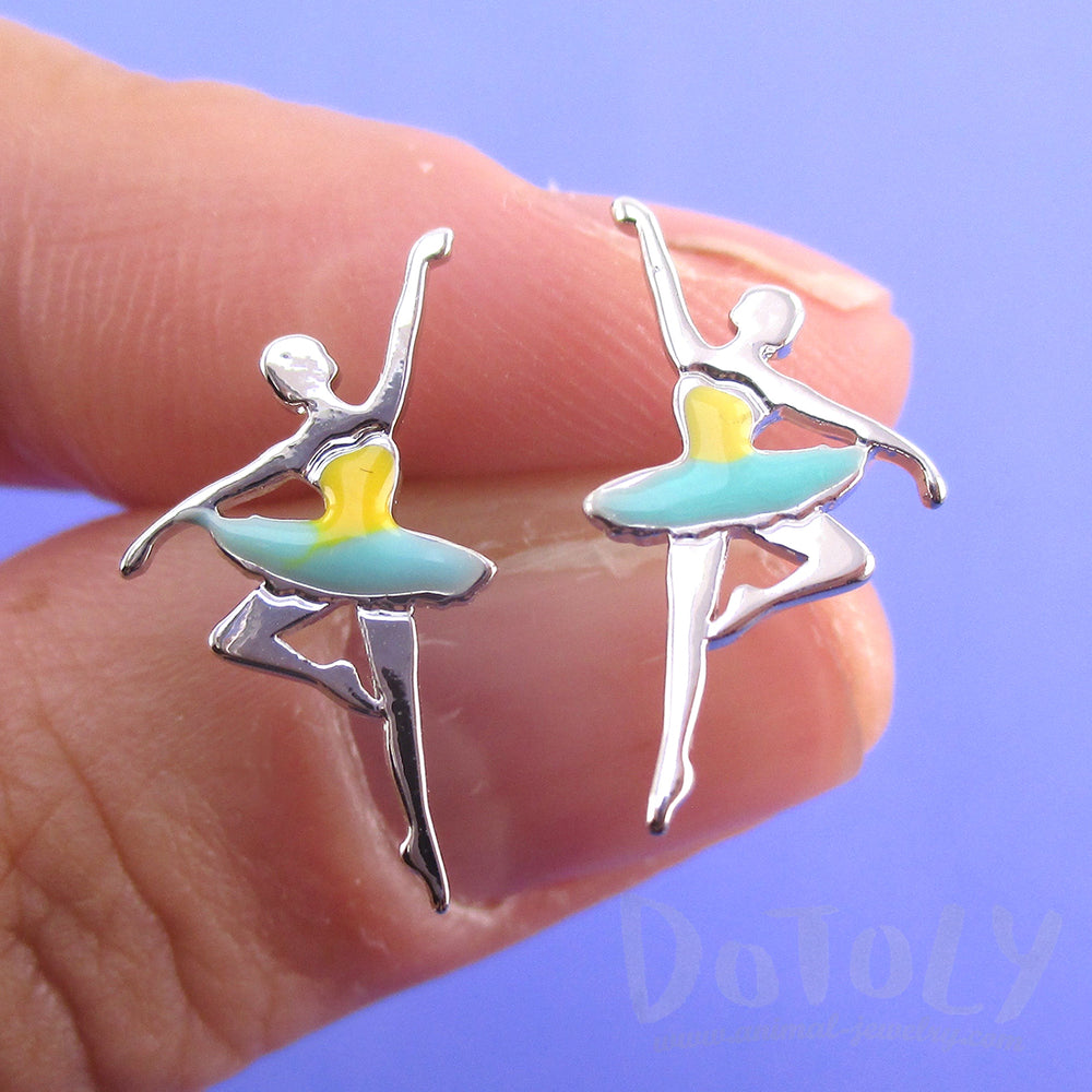 Ballerina Ballet Dancer Girl Silhouette Shaped Stud Earrings in Silver