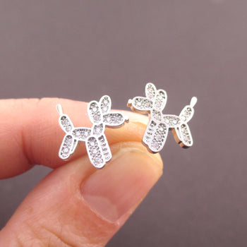 Balloon Dog Twisted Animal Shaped Rhinestones Stud Earrings in Silver