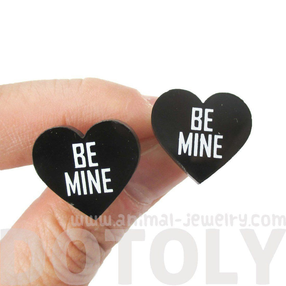Be Mine Candy Heart Sweethearts Shaped Laser Cut Stud Earrings in Black | DOTOLY