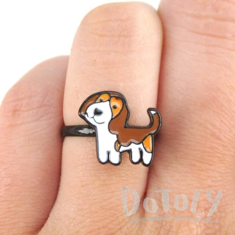 Beagle Puppy Shaped Enamel Adjustable Ring for Dog Lovers | DOTOLY