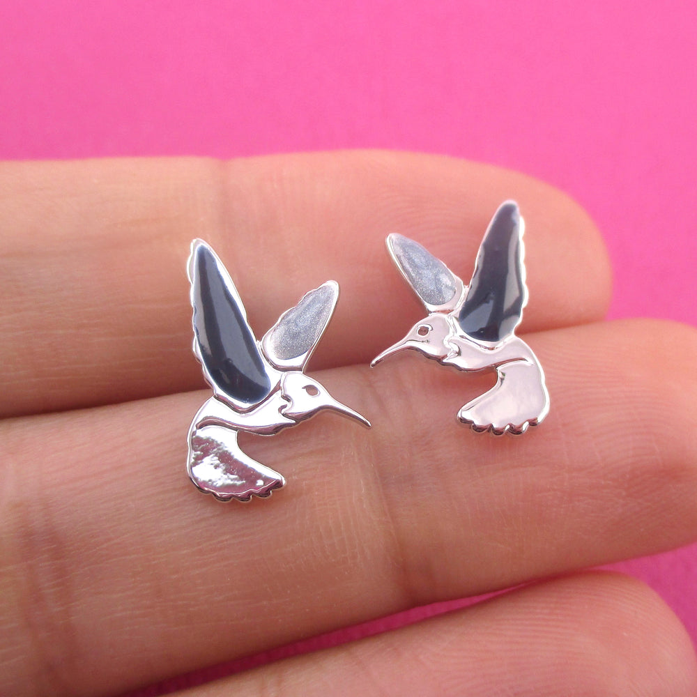 Beautiful Hummingbird Shaped Enamel Stud Earrings in Silver