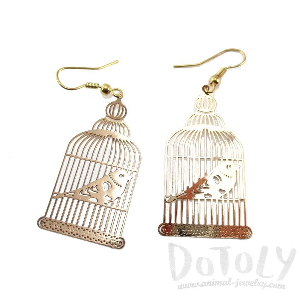 Birdcage Shaped Cut Out Filigree Dangle Drop Earrings in Gold | Animal Jewelry | DOTOLY