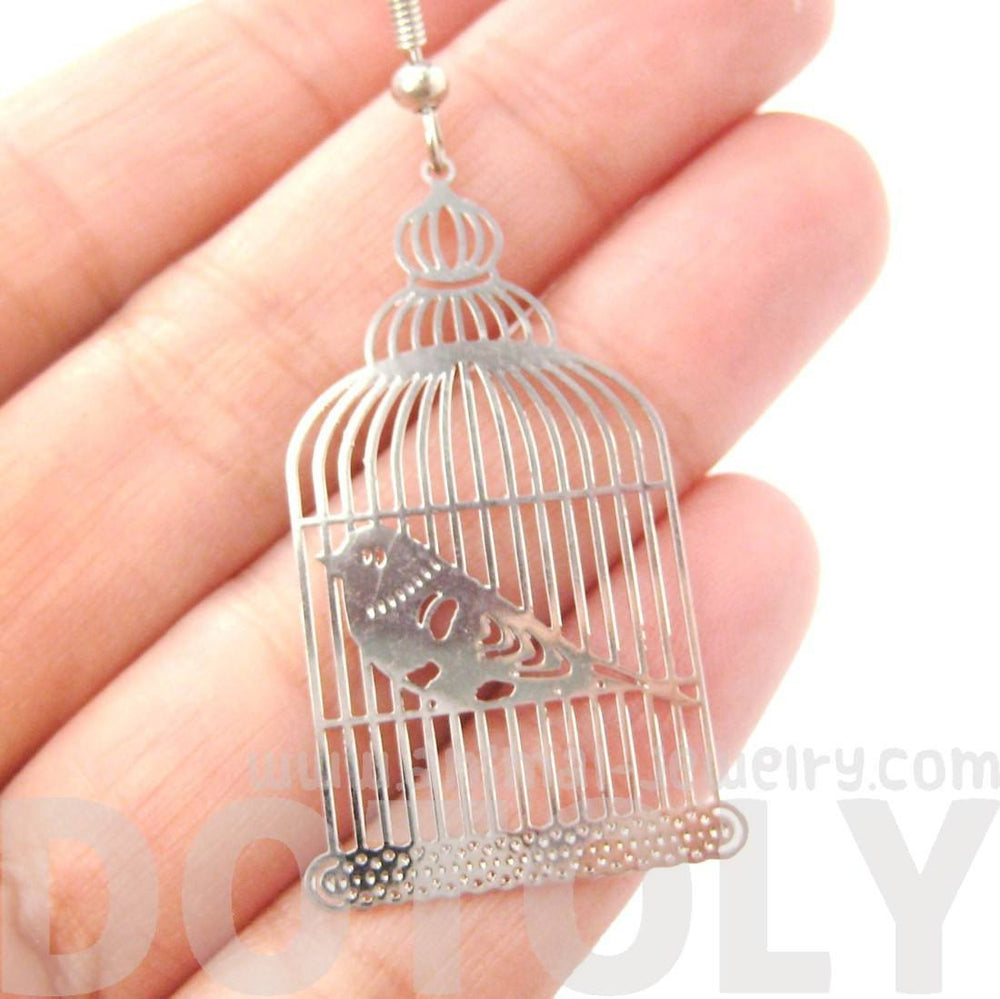 Birdcage Shaped Cut Out Filigree Dangle Drop Earrings in Silver | Animal Jewelry | DOTOLY