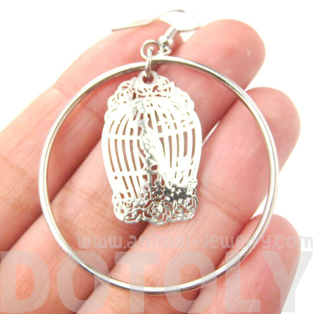Birdcage Shaped Dye Cut Filigree Dangle Hoop Earrings in Silver | Animal Jewelry | DOTOLY