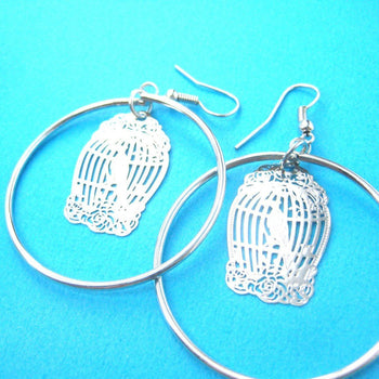 Birdcage Shaped Dye Cut Filigree Dangle Hoop Earrings in Silver | Animal Jewelry | DOTOLY