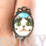 Black and White Bicolor Kitty Cat Illustrated Adjustable Ring | Animal Jewelry | DOTOLY